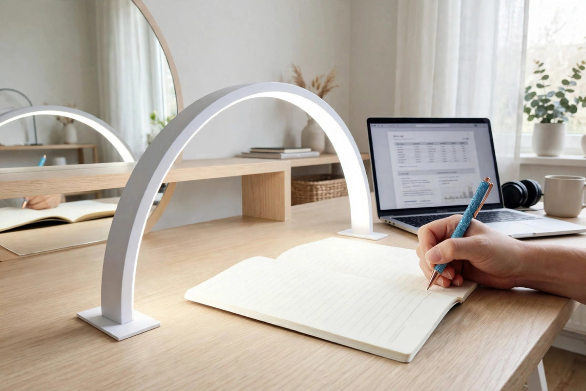 Lampka LED Półksiężyc – Regulowana Lampka Biurkowa USB, Nowoczesne Oświetlenie do Biurka i Sypialni | Lampovo