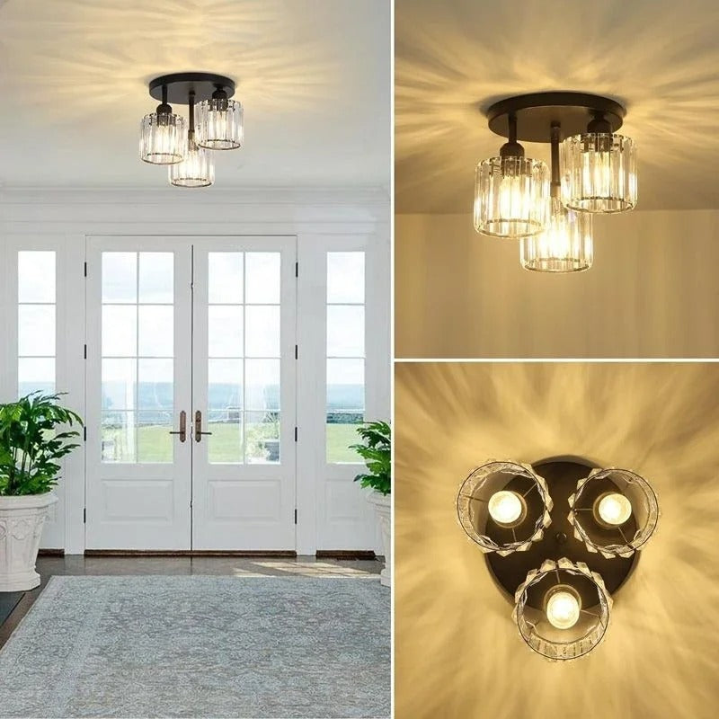 Luksusowa złota kryształowa lampa sufitowa - nowoczesny design, montaż półwiszący z 3 żarówkami